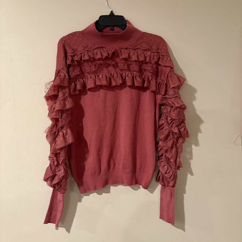 Elegant Ruffled Turtleneck Sweater in Dusty Rose